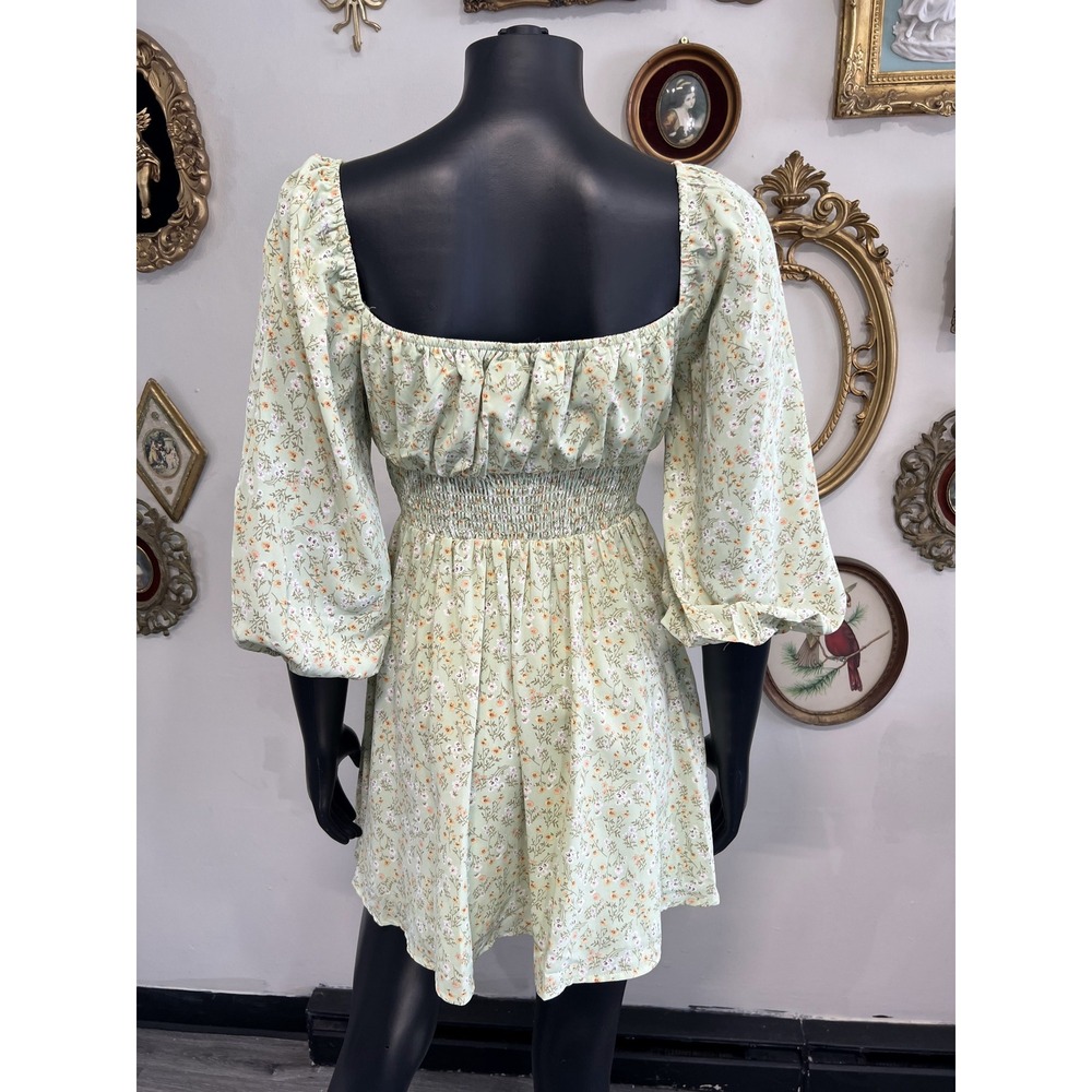 Princess Polly Sage Green Floral Smocked Mini Dress Size 4 - Picture 3 of 6